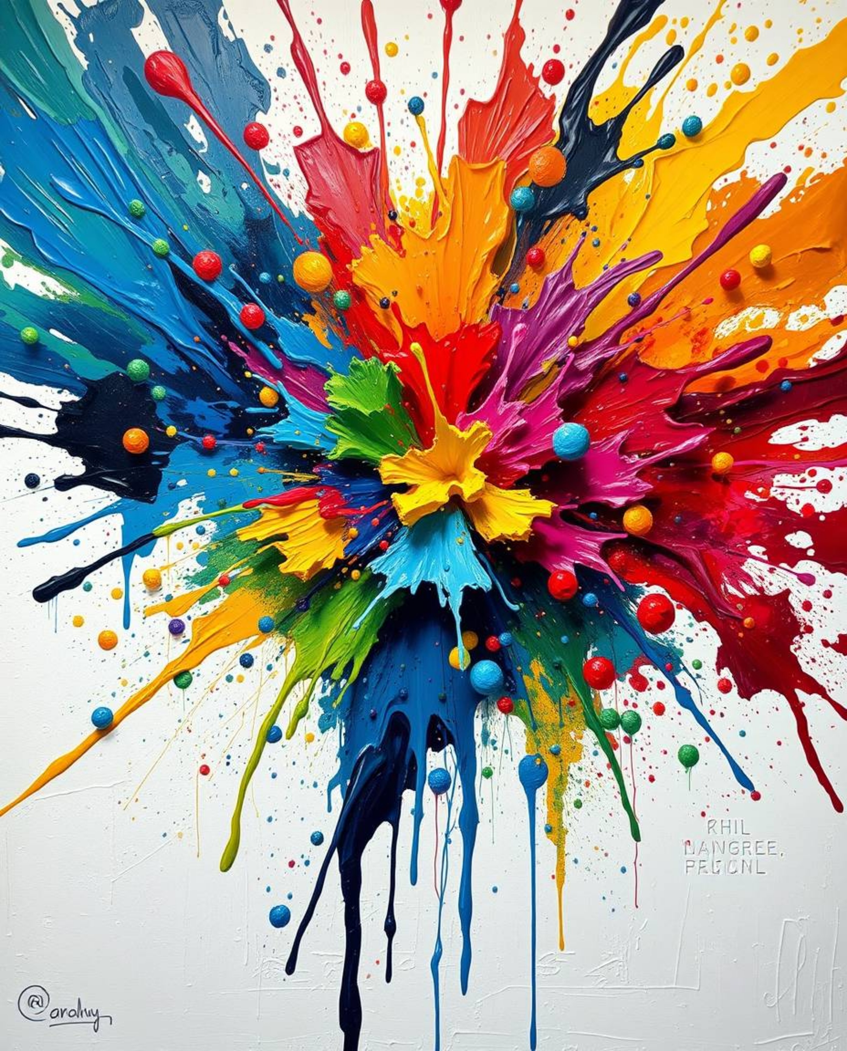 This artwork is a classic oil painting showcasing a vibrant explosion of colorful paint splashes against a stark white canvas
