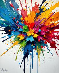 This artwork is a classic oil painting showcasing a vibrant explosion of colorful paint splashes against a stark white canvas