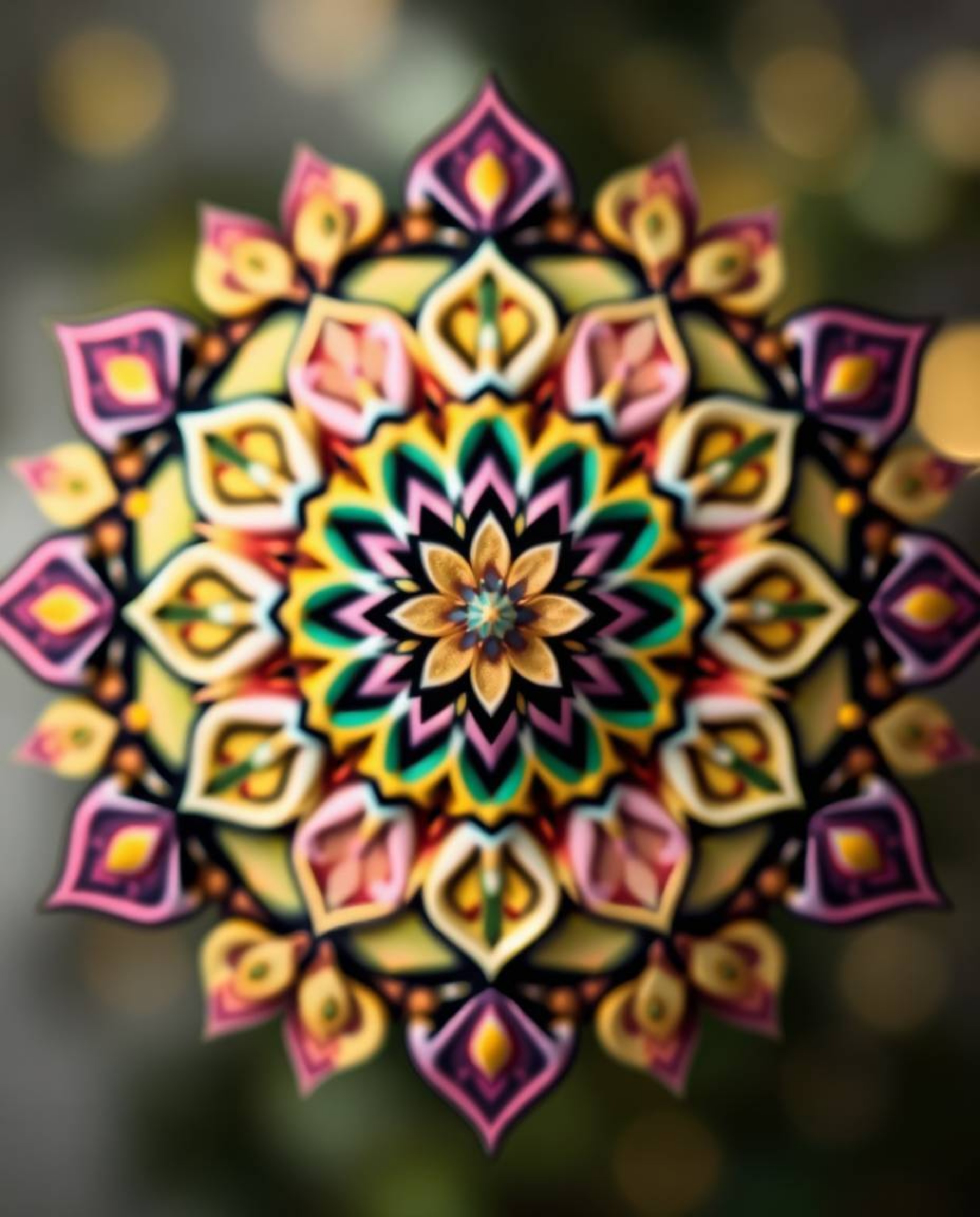 This high-resolution stock photo showcases a stunning geometric floral mandala.  Its vibrant, symmetric design is rendered in