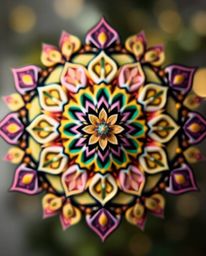 This high-resolution stock photo showcases a stunning geometric floral mandala.  Its vibrant, symmetric design is rendered in