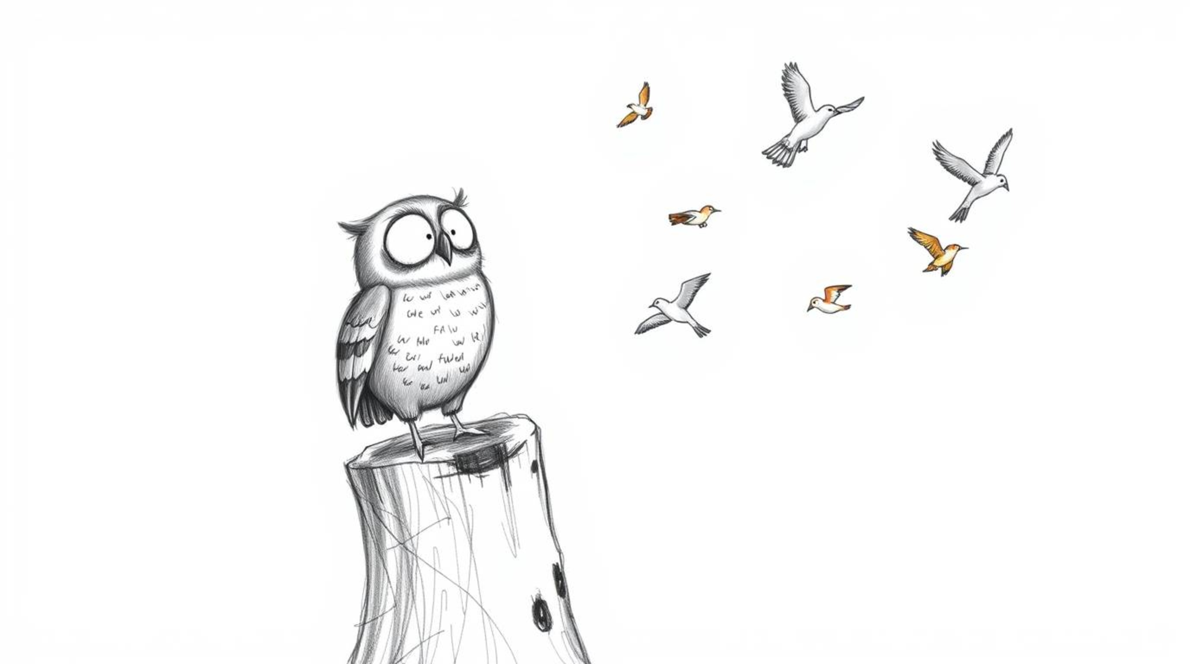 A heartwarming, hand-drawn Pixar-style sketch featuring a kind, blind owl perched on a tree stump, joyfully cheering as color