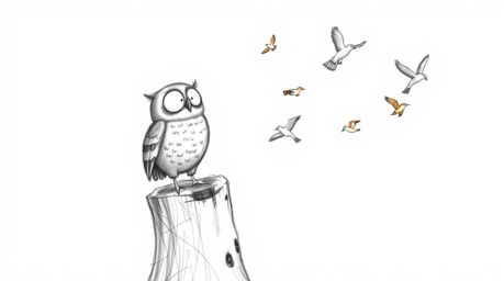 A heartwarming, hand-drawn Pixar-style sketch featuring a kind, blind owl perched on a tree stump, joyfully cheering as color
