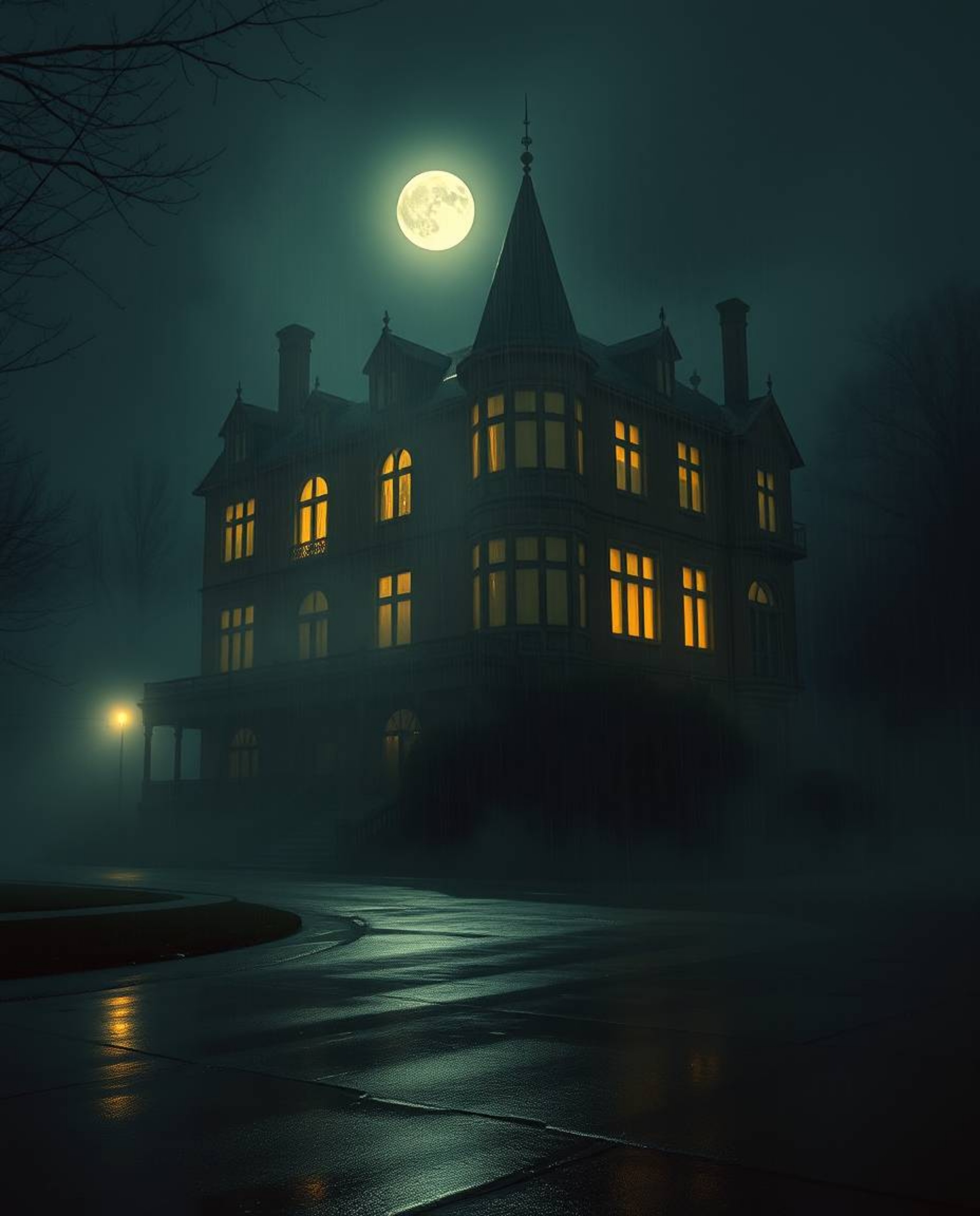 Experience the allure of a fog-laden Victorian mansion bathed in the ethereal glow of moonlight. This image captures a dramat