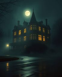 Experience the allure of a fog-laden Victorian mansion bathed in the ethereal glow of moonlight. This image captures a dramat