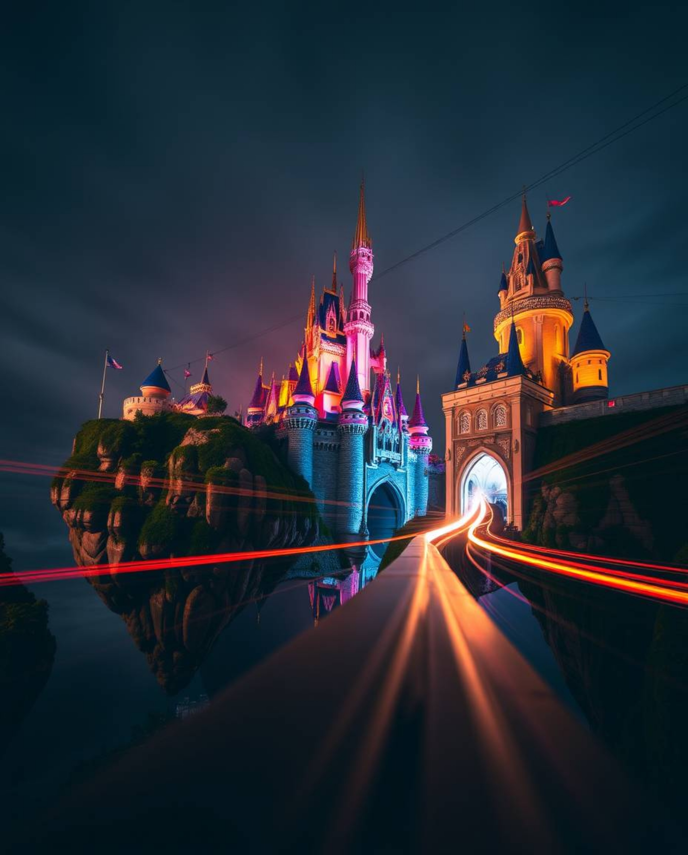 Explore a vibrant kingdom of floating islands and majestic castles captured in a breathtaking long-exposure photograph. This 