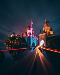 Explore a vibrant kingdom of floating islands and majestic castles captured in a breathtaking long-exposure photograph. This