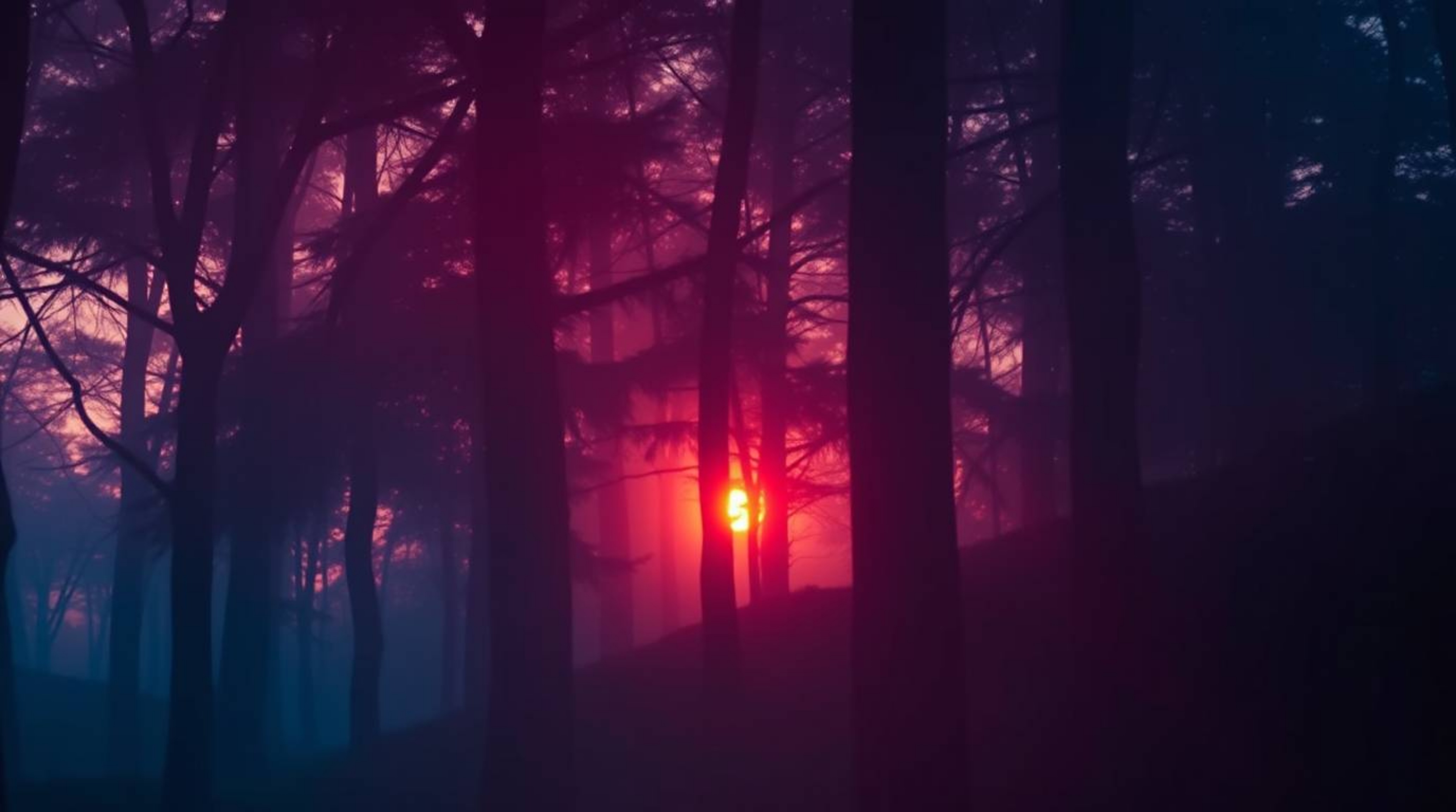 Capture the mystical essence of a sunset filtering through a dense forest.  This image evokes an ethereal spiritual vibe with