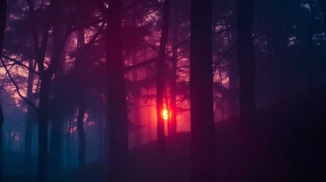 Capture the mystical essence of a sunset filtering through a dense forest.  This image evokes an ethereal spiritual vibe with