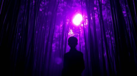 Experience the serene beauty of a bamboo forest bathed in the warm hues of a setting sun. Deep ultraviolet backlighting creat