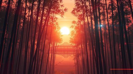 Experience a vision of the future with this stunning image of a bamboo forest bathed in warm sunset light. Combining elements