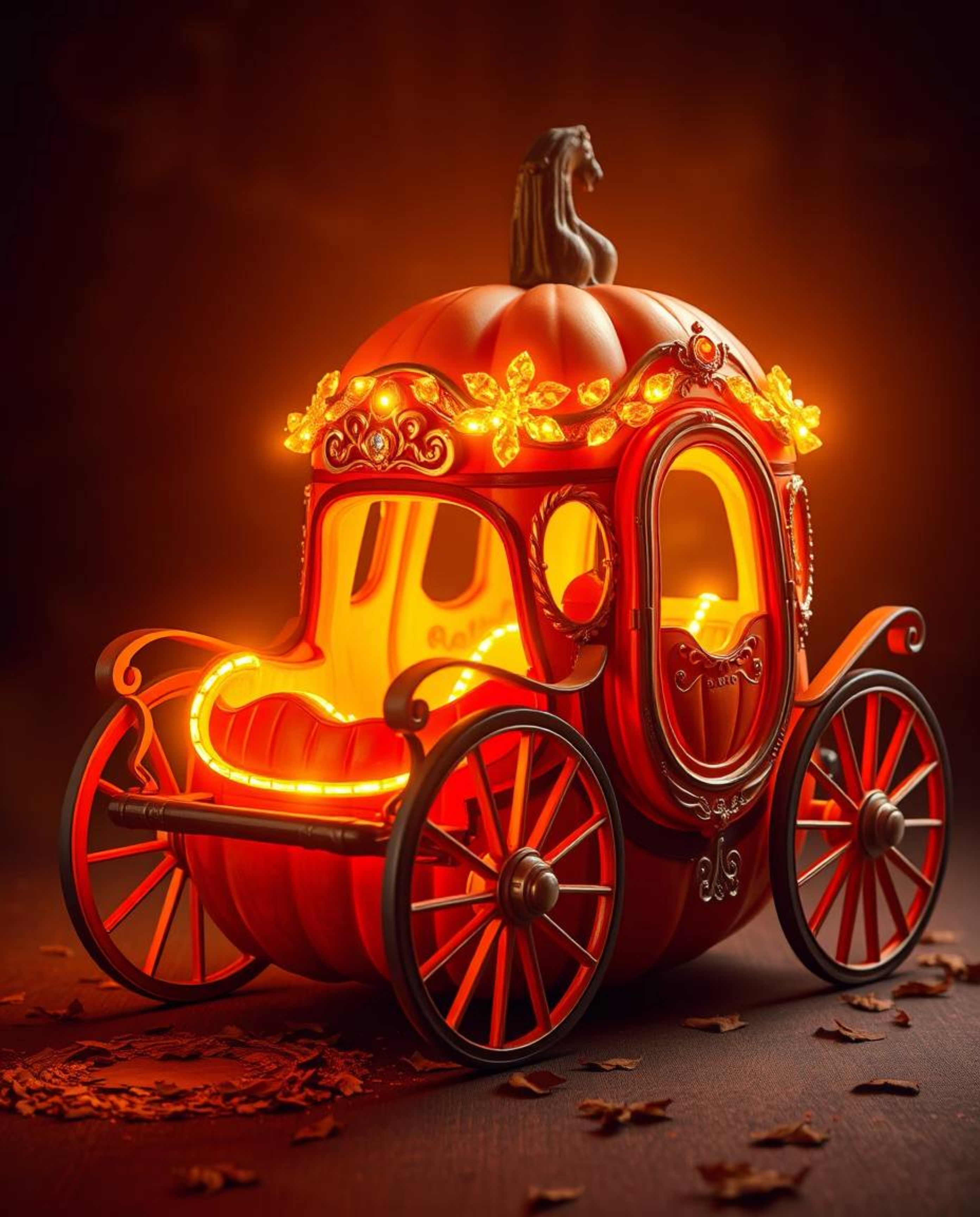 High-resolution stock photo capturing a magical transformation: a pumpkin morphs into a radiant and luxurious carriage, bathe