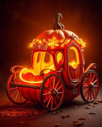 High-resolution stock photo capturing a magical transformation: a pumpkin morphs into a radiant and luxurious carriage, bathe