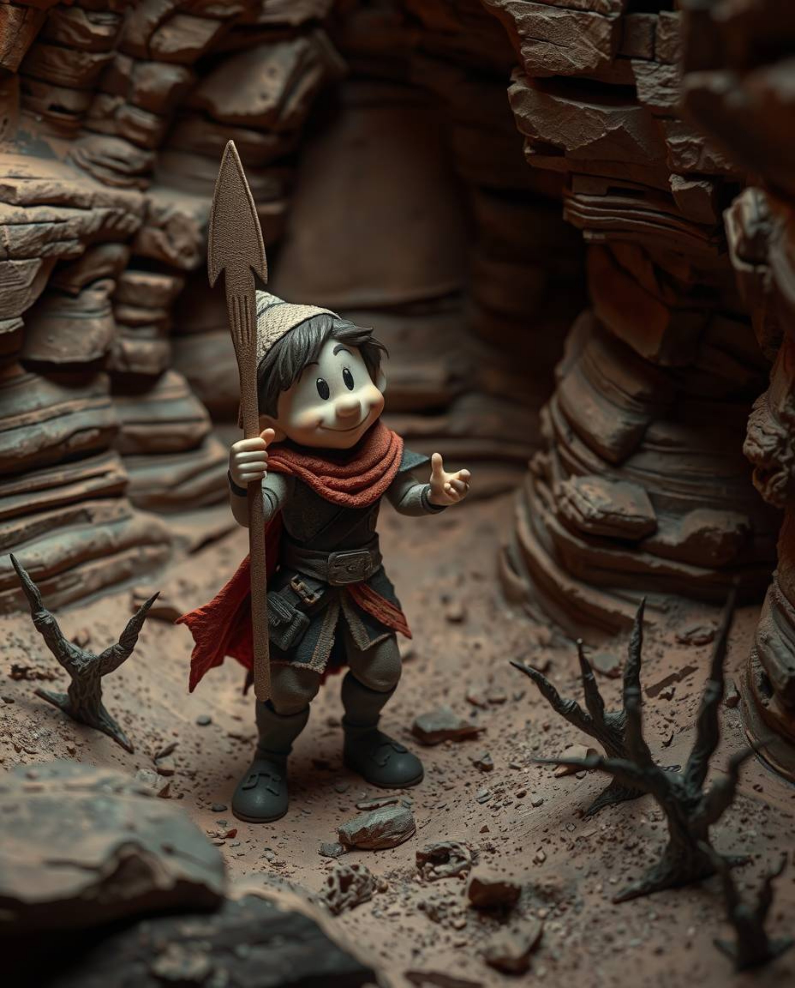 Embark on a captivating Disney-style desert adventure featuring a brave hero rendered in layered papier-mâché. This unique ar