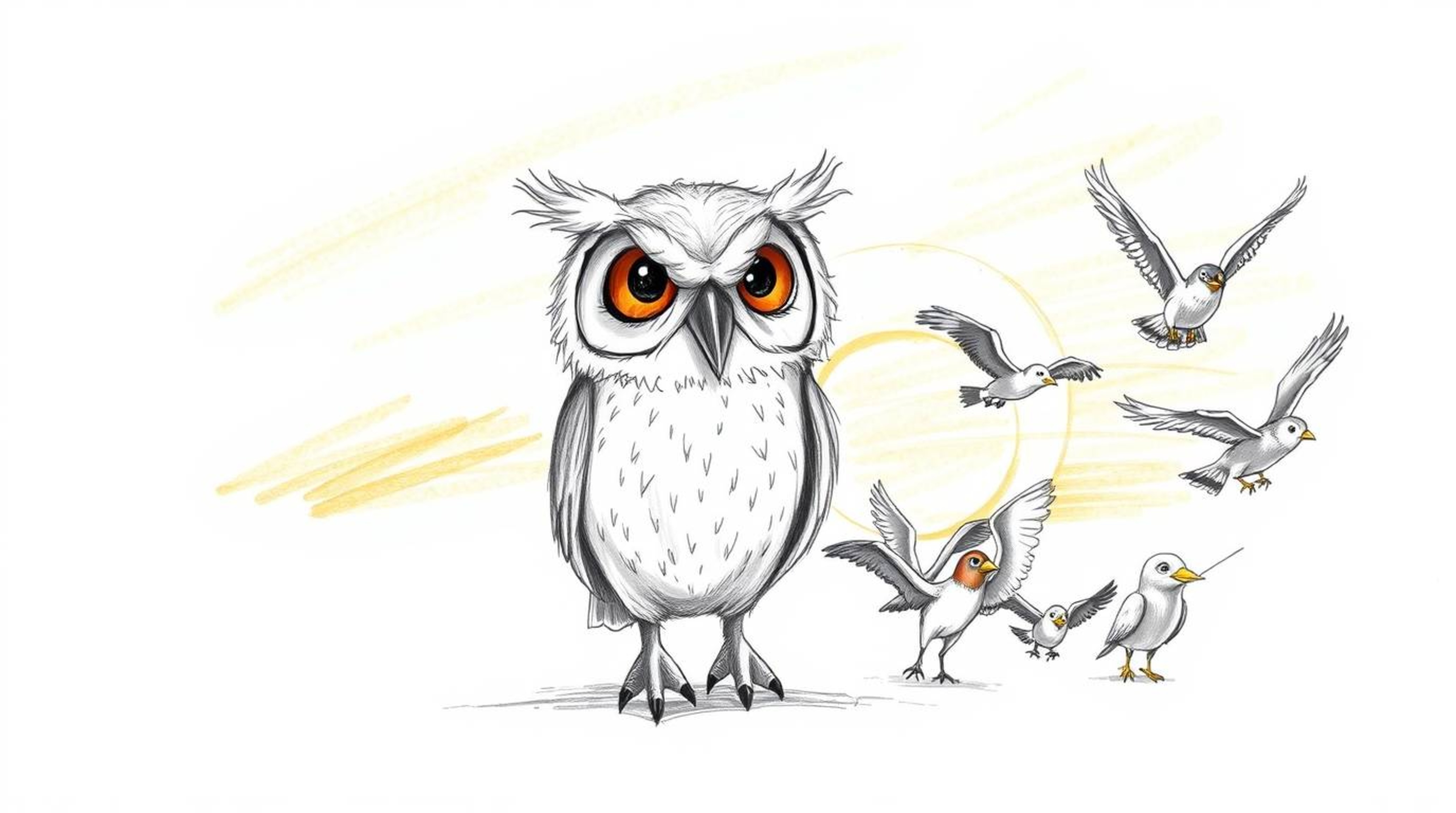 A heartwarming hand-drawn sketch in the style of Pixar depicts a wise, blind owl with soft, feathery textures leading a diver