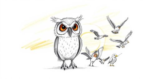 A heartwarming hand-drawn sketch in the style of Pixar depicts a wise, blind owl with soft, feathery textures leading a diver