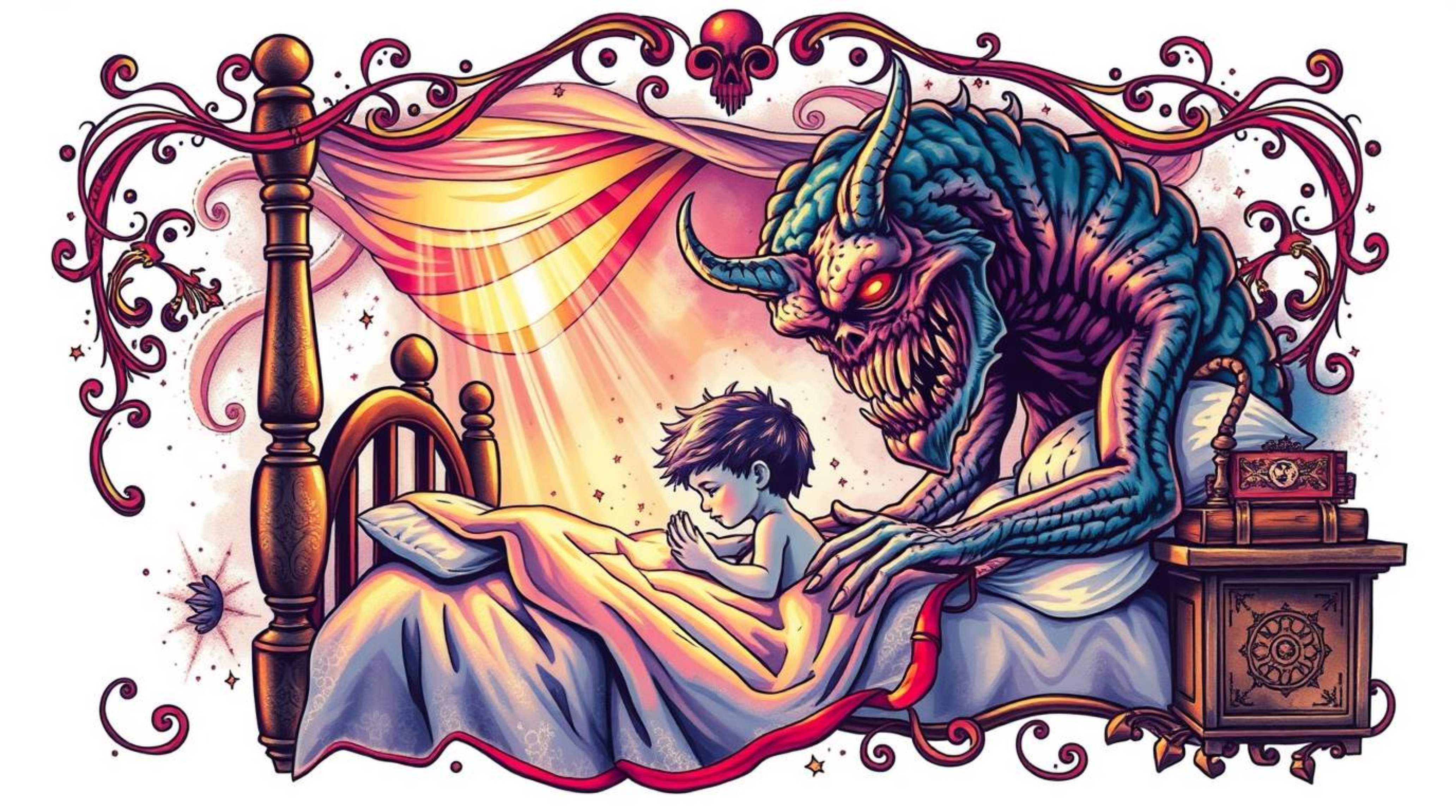 A captivating traditional tattoo art print depicting a heartwarming friendship between a monster and a child under a bed.  Vi