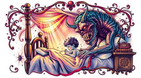 A captivating traditional tattoo art print depicting a heartwarming friendship between a monster and a child under a bed.  Vi