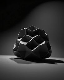 A captivating monochrome image presents a low-angle view of sculptural clay art, featuring a 3D geometric pattern reminiscent