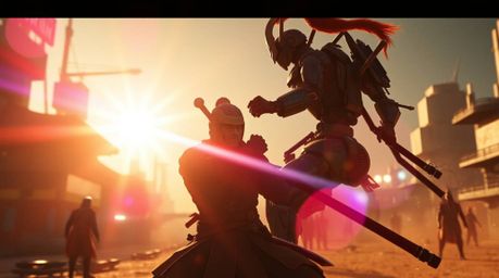 A cinematic clash unfolds in a dystopian world where a samurai bravely confronts a menacing robot. The scene is filled with b