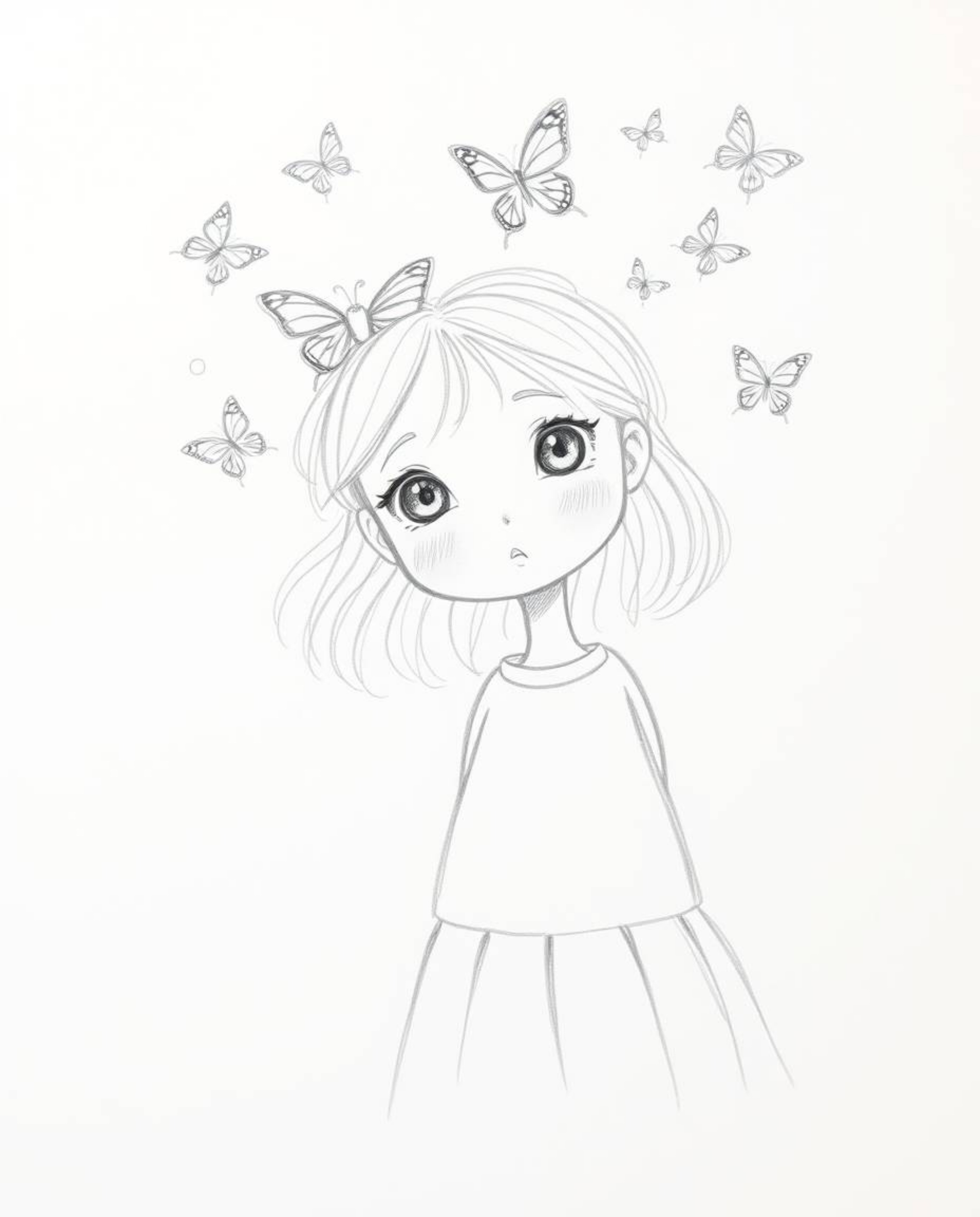 A charming hand-drawn sketch depicts an adorable girl with captivating features releasing a flurry of butterflies into the ai