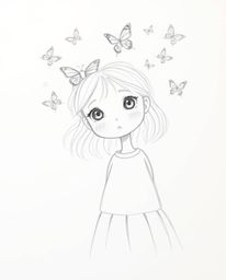 A charming hand-drawn sketch depicts an adorable girl with captivating features releasing a flurry of butterflies into the ai