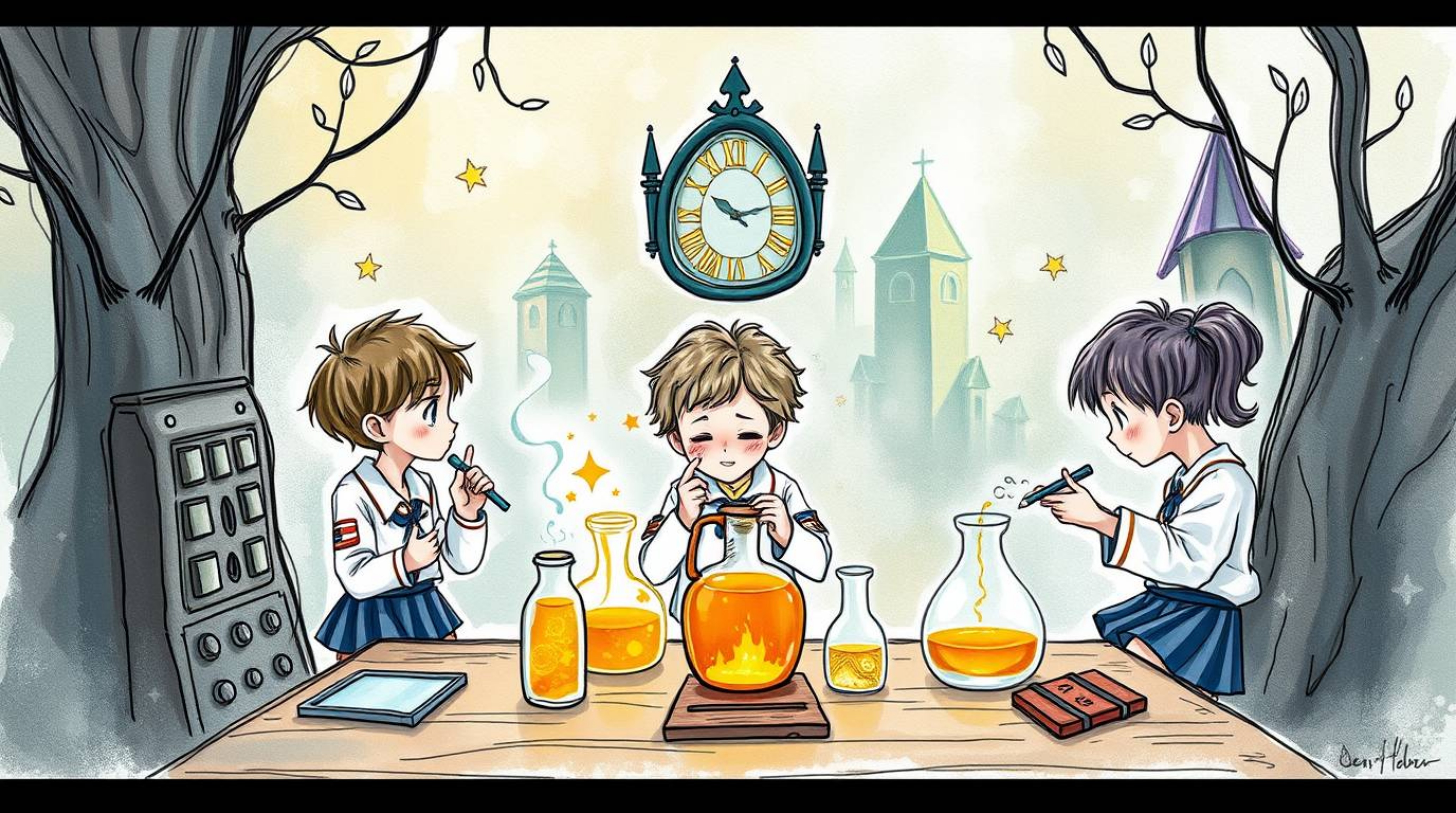 A hand-drawn color sketchnote depicts quirky children in school uniforms conducting science experiments within a mystical, en