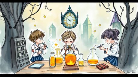 A hand-drawn color sketchnote depicts quirky children in school uniforms conducting science experiments within a mystical, en
