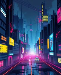 Explore a visually stunning futuristic cityscape brought to life in a modern flat design, immersed in a captivating cyberpunk