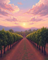 A dreamlike and surreal painting captures a sunset over a vineyard in soft pastel hues. Fantastical elements are subtly integ