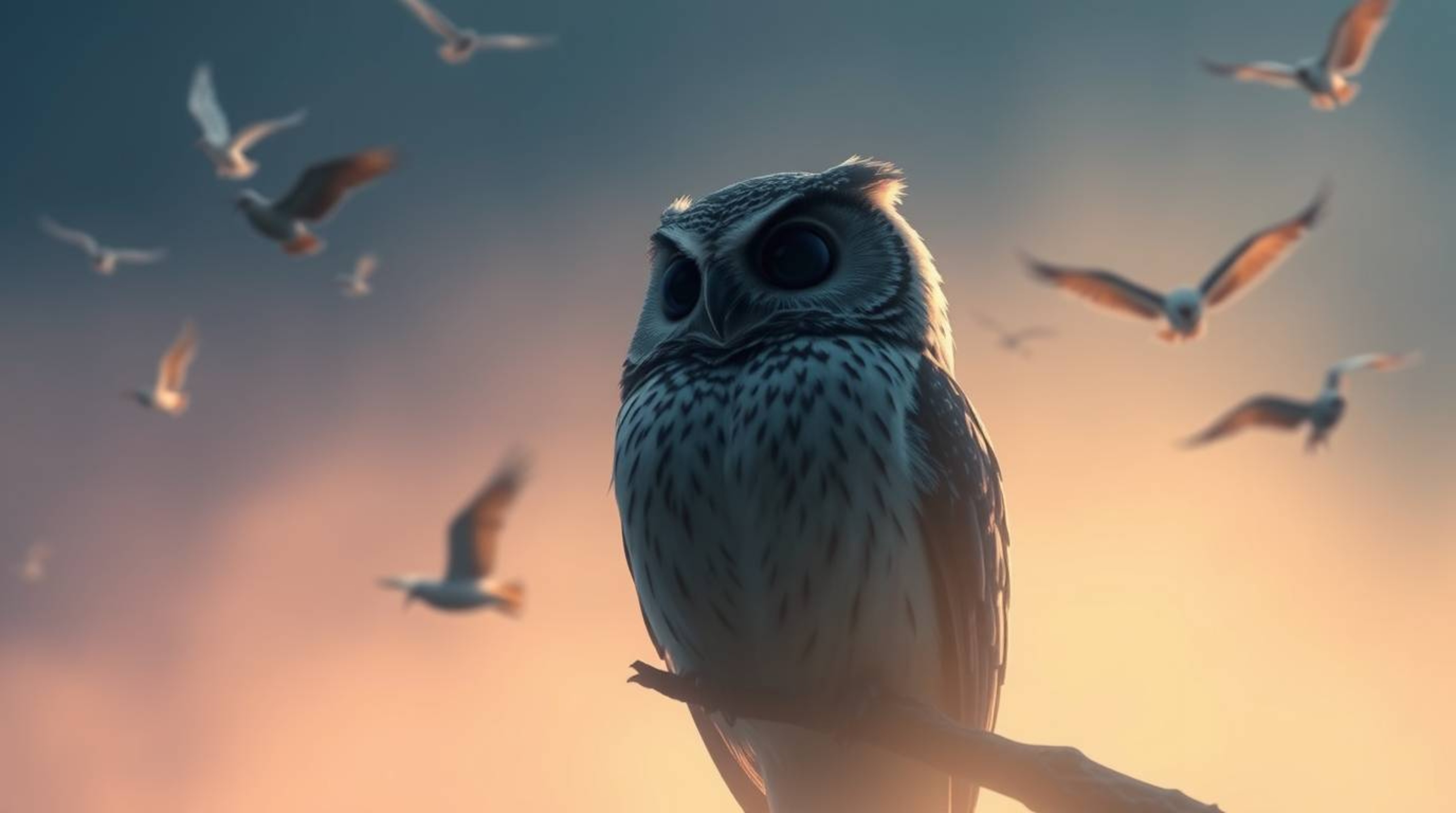 A long exposure, cinematic photograph captures a wise, blind owl rendered in a charming Pixar style as it watches birds flyin