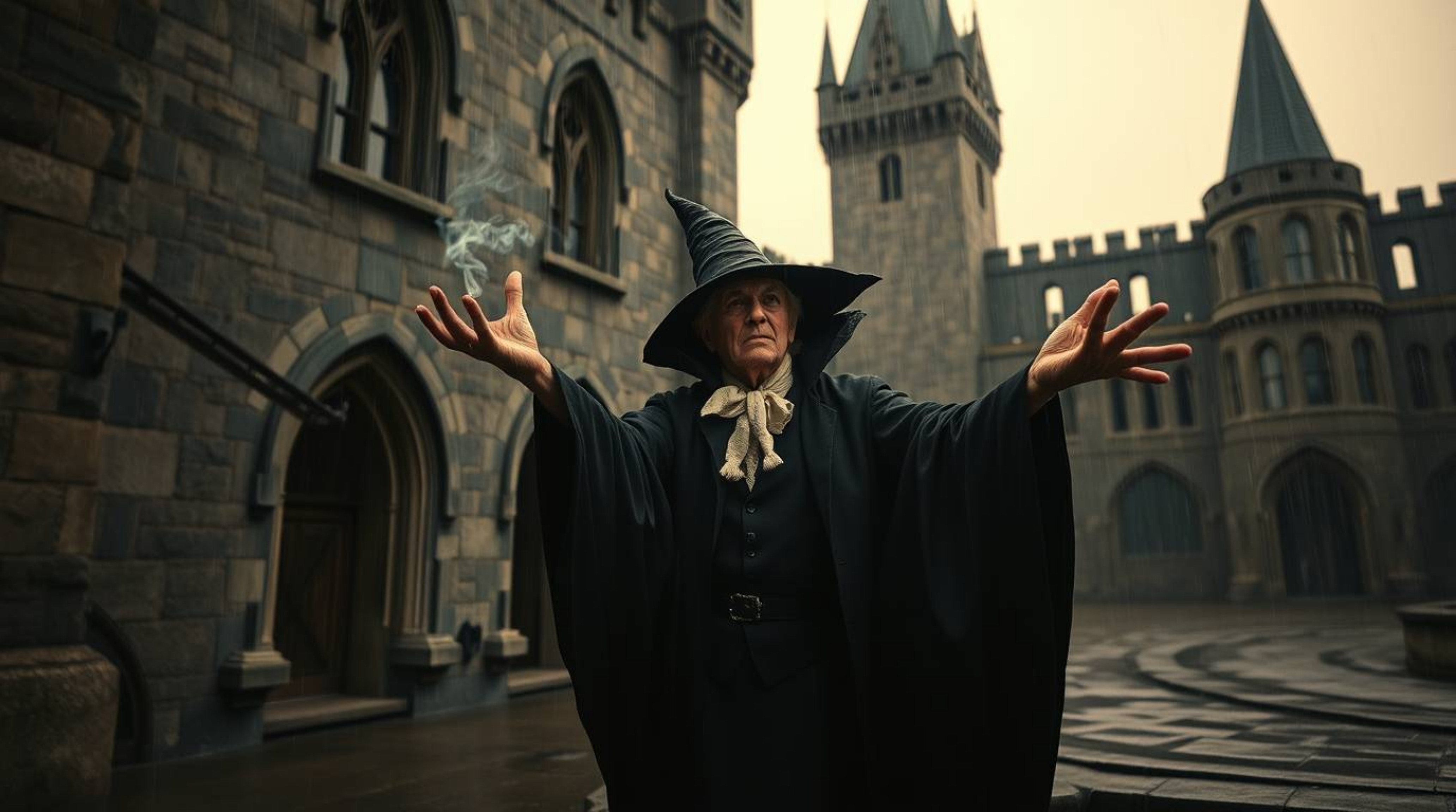 A captivating image showcasing a classic Disney villain casting a spell within the atmospheric confines of an old castle. Re