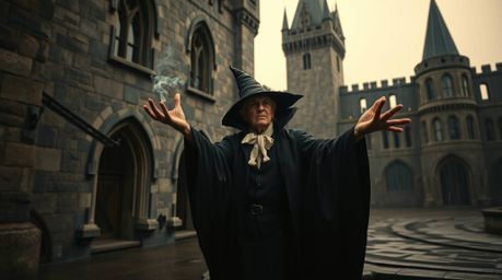A captivating image showcasing a classic Disney villain casting a spell within the atmospheric confines of an old castle. Re