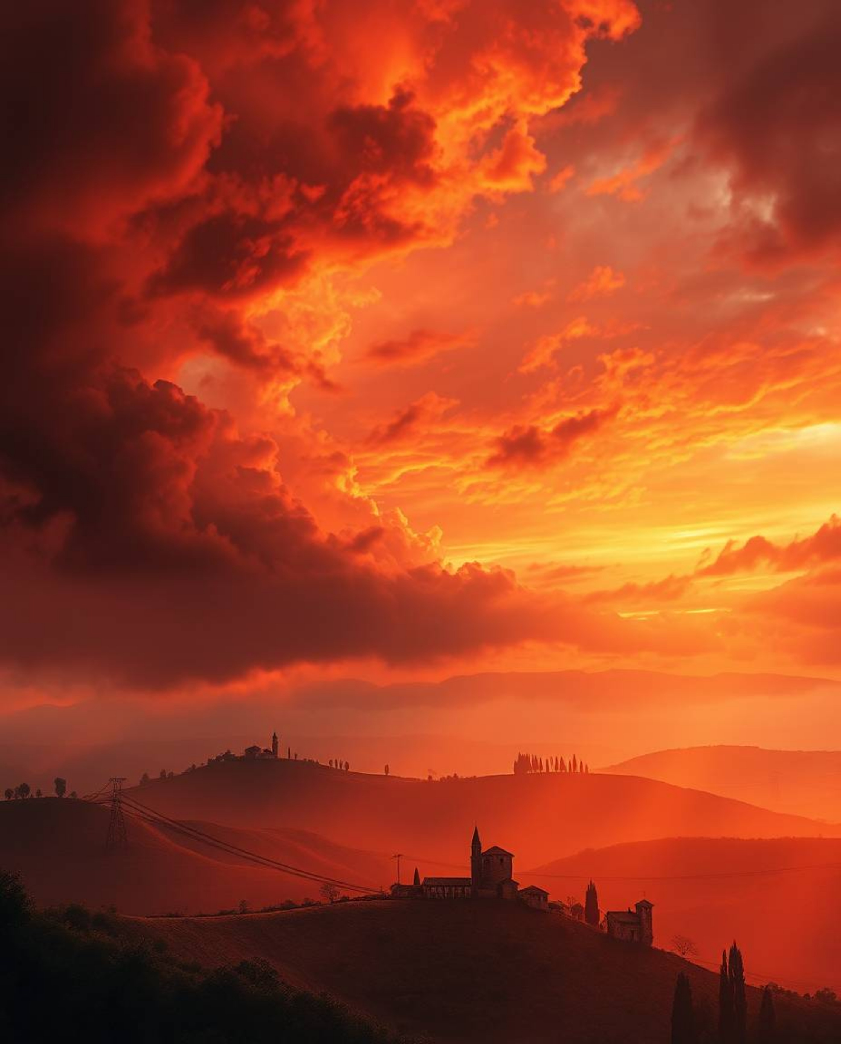 This is a dramatic digital painting that captures a stormy Tuscan sunset over misty, rolling hills. The artwork is characteri