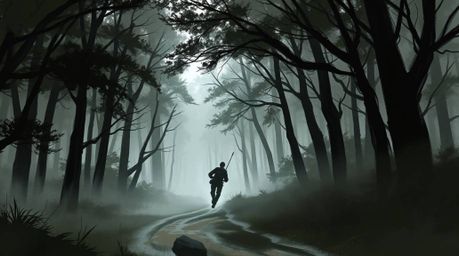 A dynamic digital sketch showcases a thrilling chase through a mesmerizing looping forest background.  The artwork's moody at