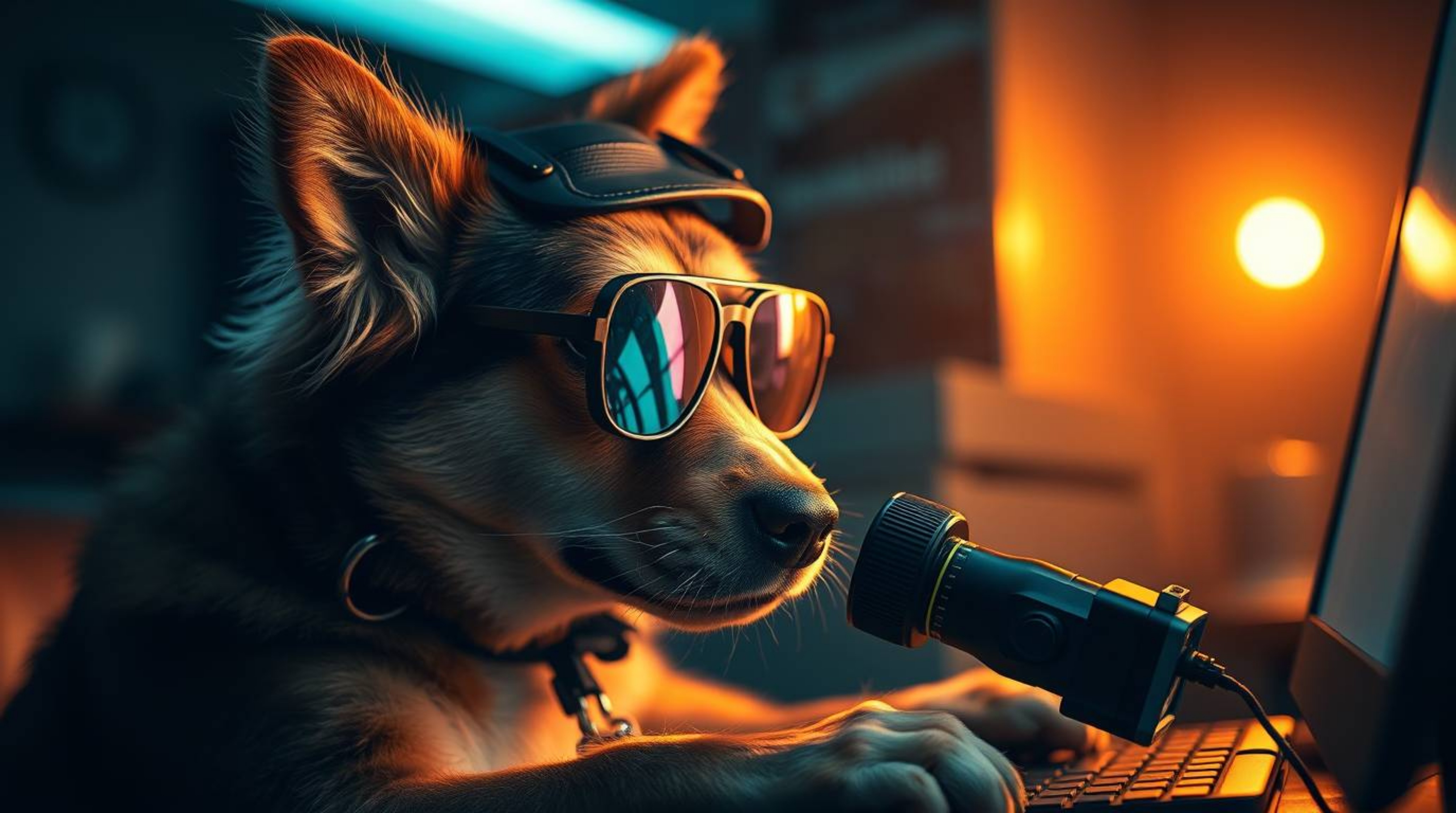 A captivating professional photograph showcases a dog detective utilizing high-tech gadgets.  Bathed in warm, iridescent ligh