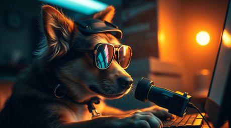 A captivating professional photograph showcases a dog detective utilizing high-tech gadgets.  Bathed in warm, iridescent ligh