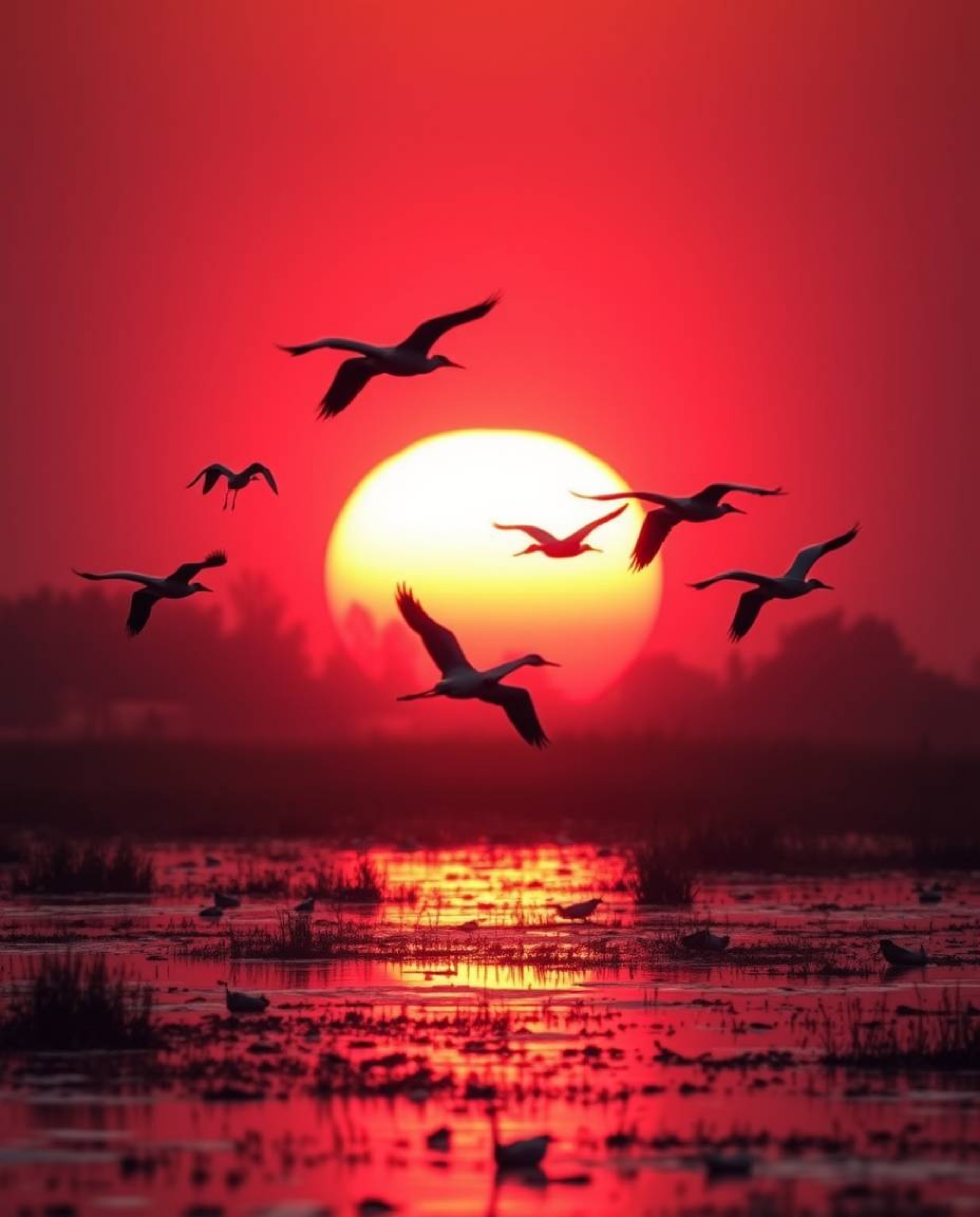 A golden hour wetlands scene featuring herons flying, characterized by rich burgundy and deep blue tones that create a sophis