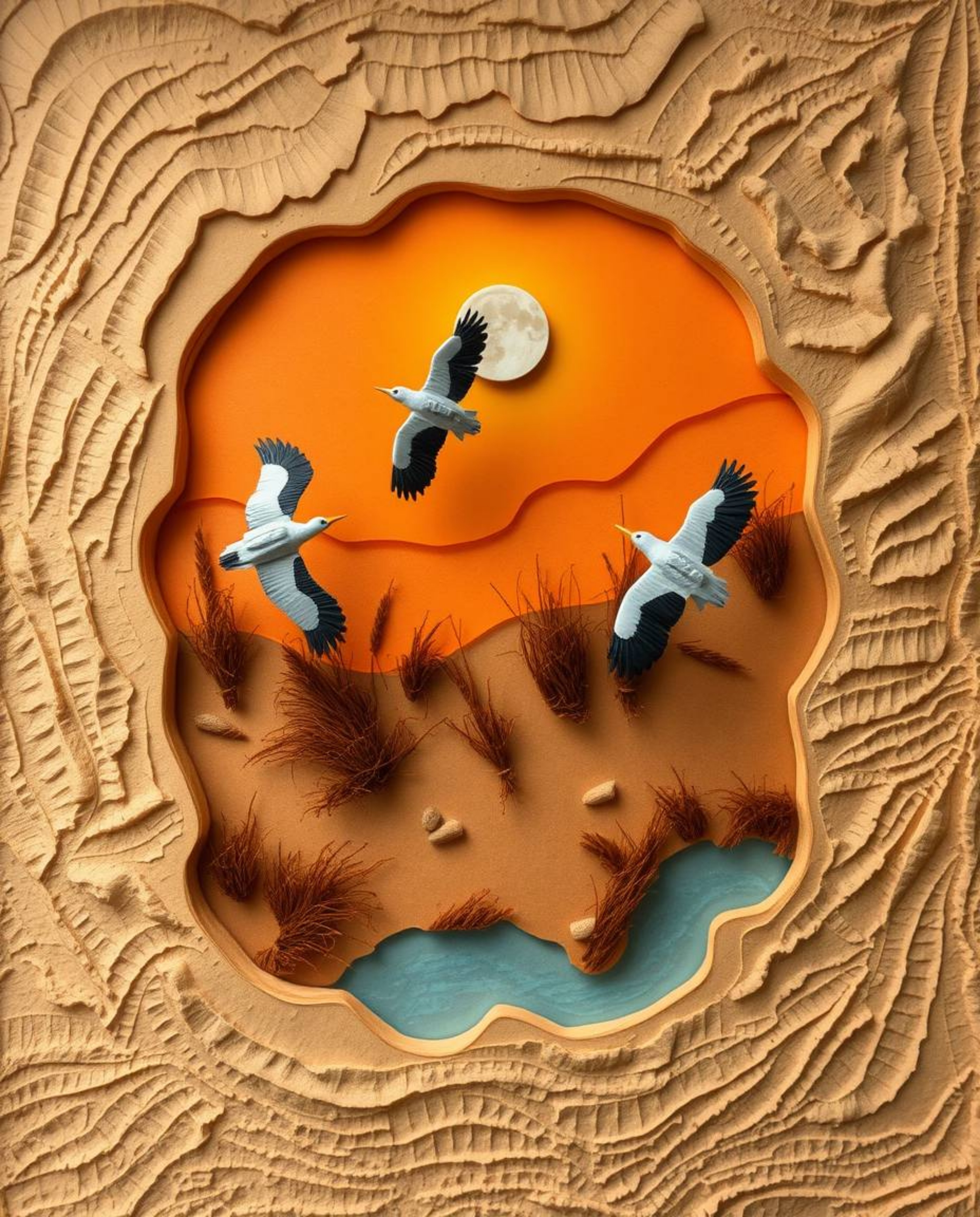 An overhead, bird's-eye view of a golden hour wetlands scene with herons in flight, uniquely crafted from layered papier-mâch