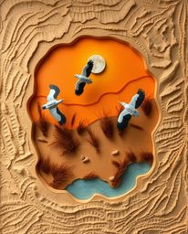 An overhead, bird's-eye view of a golden hour wetlands scene with herons in flight, uniquely crafted from layered papier-mâch