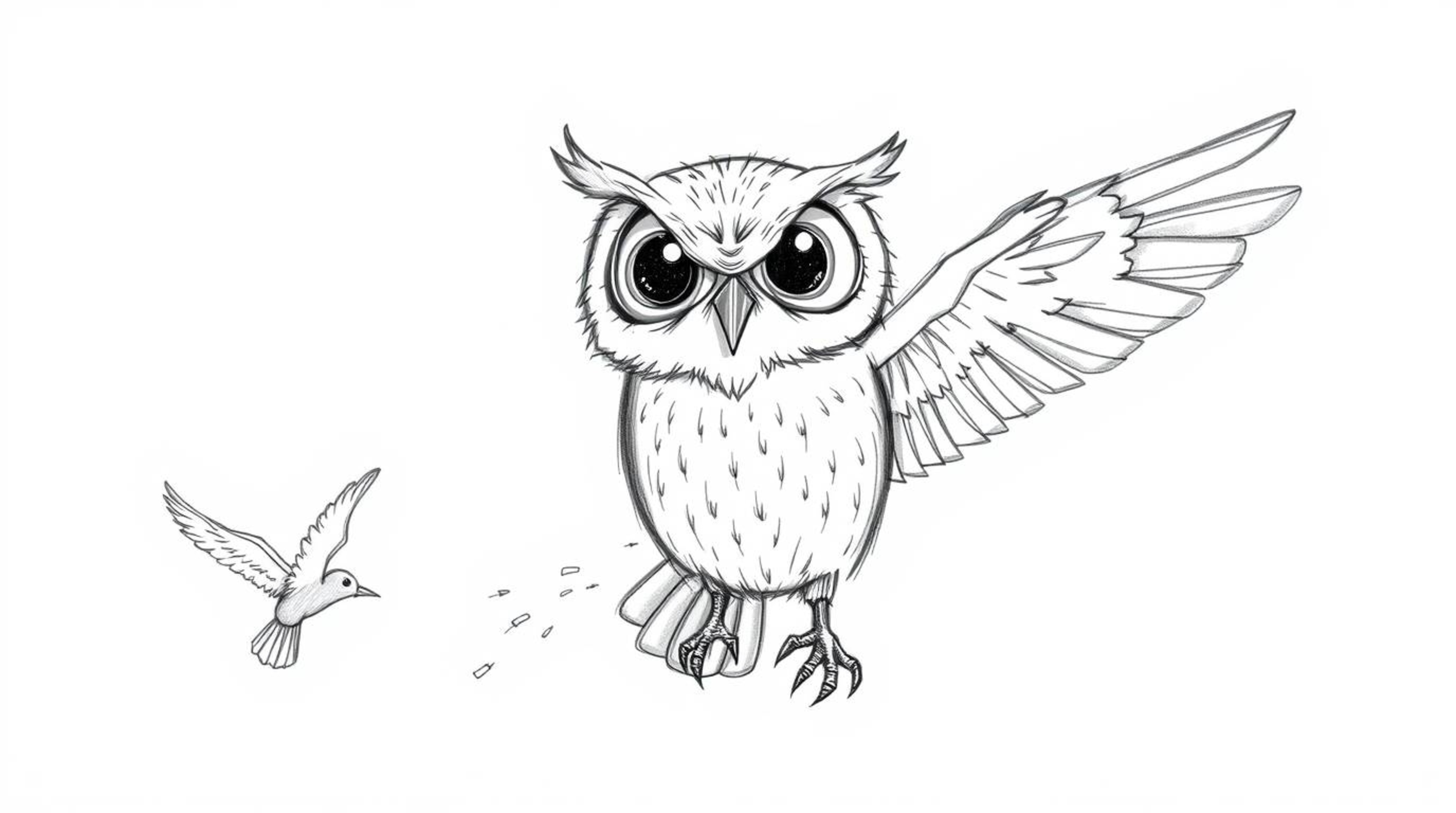 A captivating hand-drawn sketch in the style of Pixar depicts a blind owl with expressive eyes, imparting wisdom to a flock o