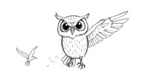 A captivating hand-drawn sketch in the style of Pixar depicts a blind owl with expressive eyes, imparting wisdom to a flock o