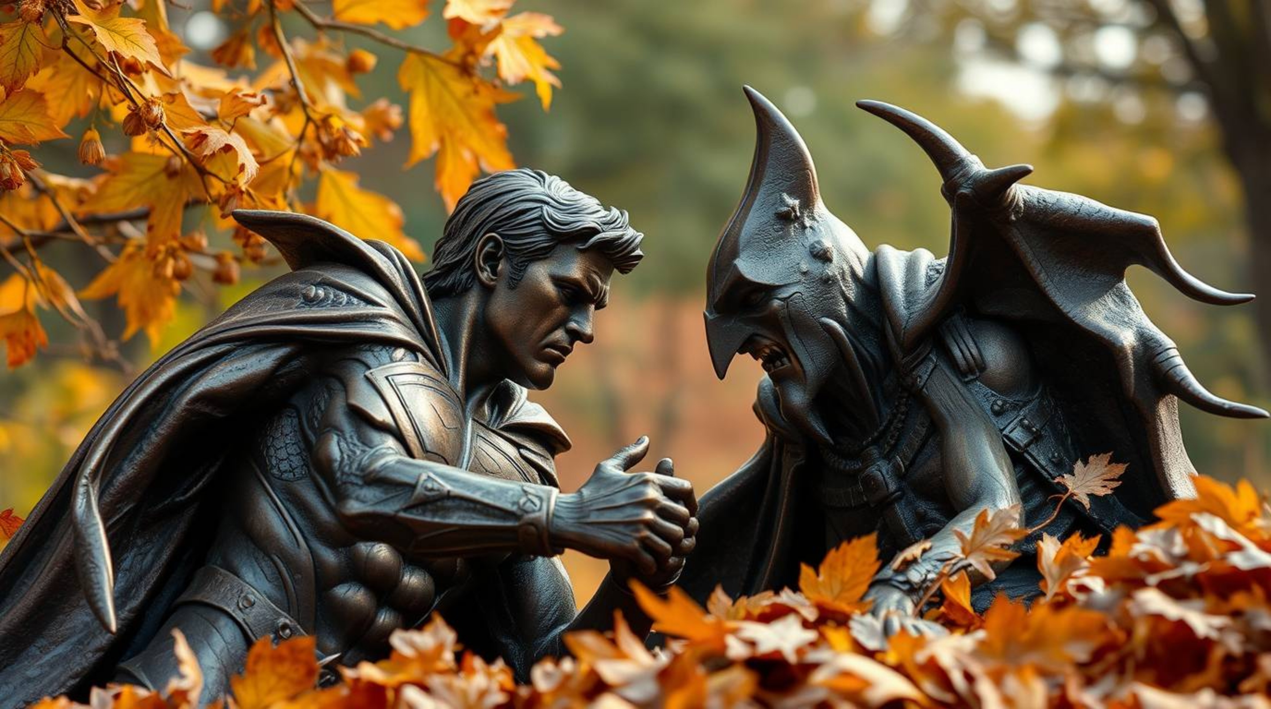 A captivating image depicting a warm autumn scene where a bronze superhero engages in a battle with a comical villain. The an