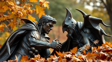 A captivating image depicting a warm autumn scene where a bronze superhero engages in a battle with a comical villain. The an
