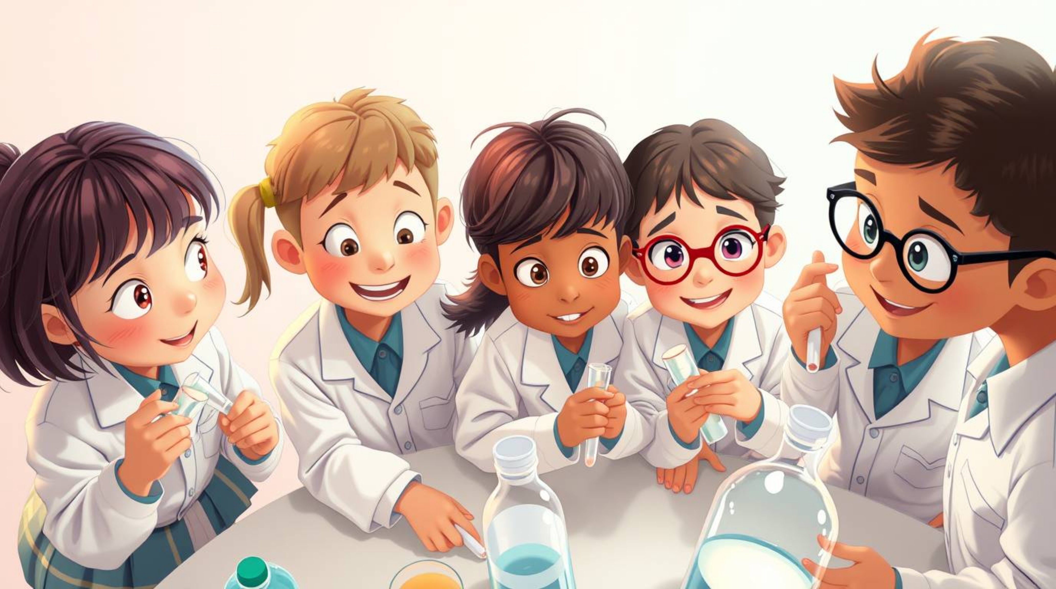 A high-angle shot showcases a diverse group of quirky children in mismatched school uniforms conducting whimsical science exp