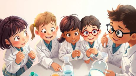 A high-angle shot showcases a diverse group of quirky children in mismatched school uniforms conducting whimsical science exp