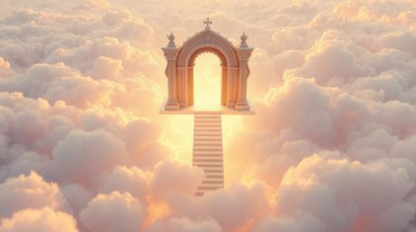 A breathtaking high-angle perspective depicts a heavenly gate floating serenely above a cloud sea.  Golden light spills downw
