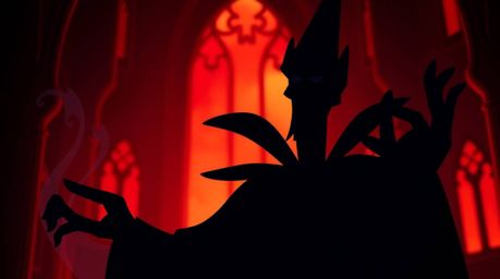 Explore captivating visuals of a silhouetted classic Disney villain with sharp, angular features, engrossed in casting a spel