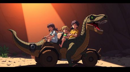 This image depicts a scene reminiscent of an Isekai anime, featuring a prehistoric family joyfully riding in a dinosaur car. 