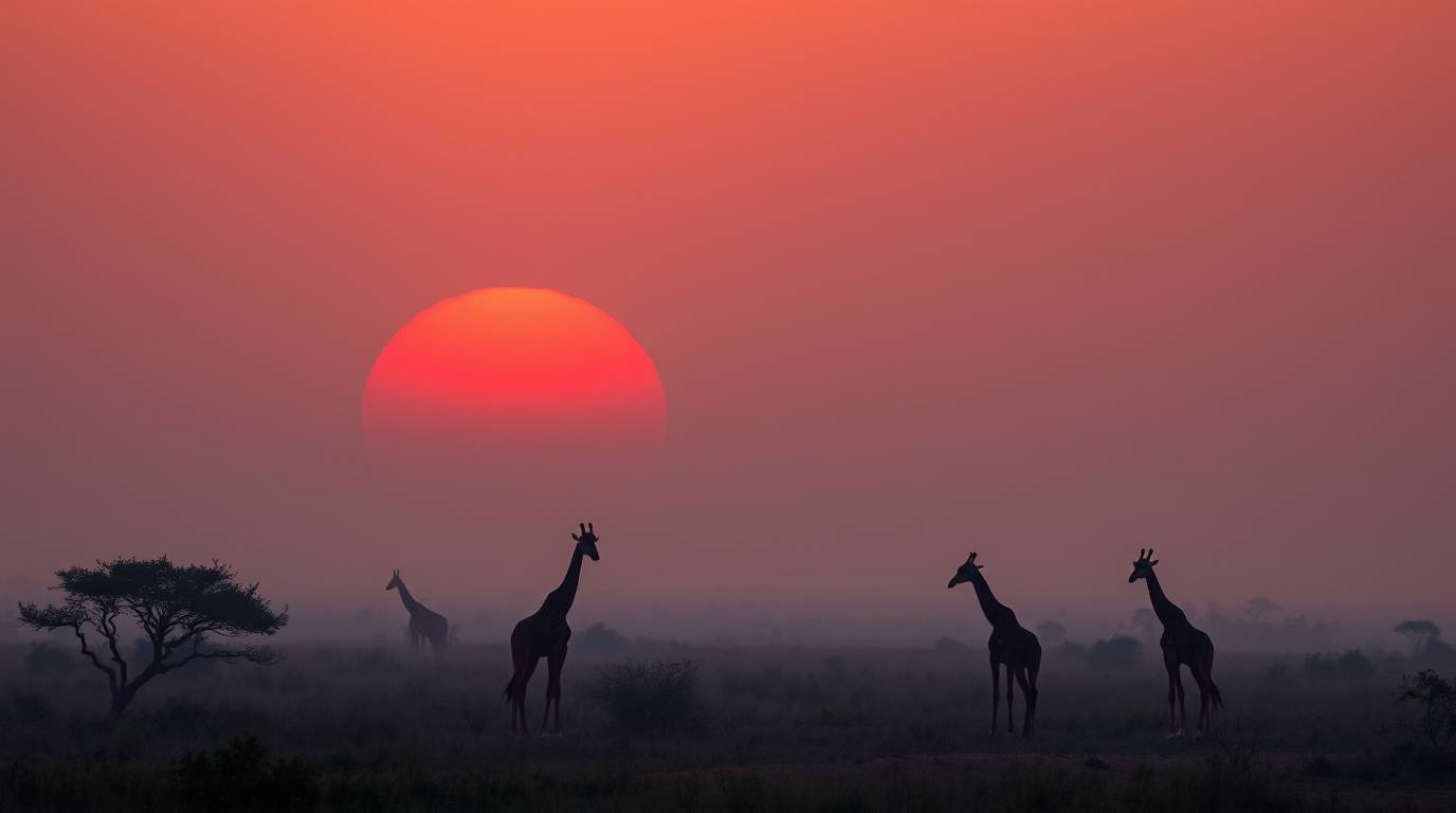 A breathtaking savanna sunset scene features silhouetted giraffes shrouded in thick fog. The image showcases a stunning contr