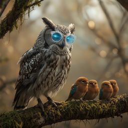 Experience the whimsical world of a blind owl, captured in exquisite high fashion photography. This scene portrays a wise owl